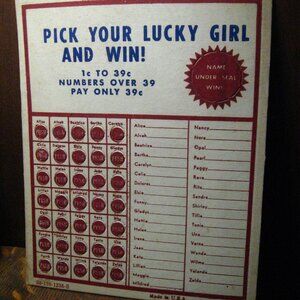 Lucky Girl 1950's Vintage Punch Card Lottery Chance Game